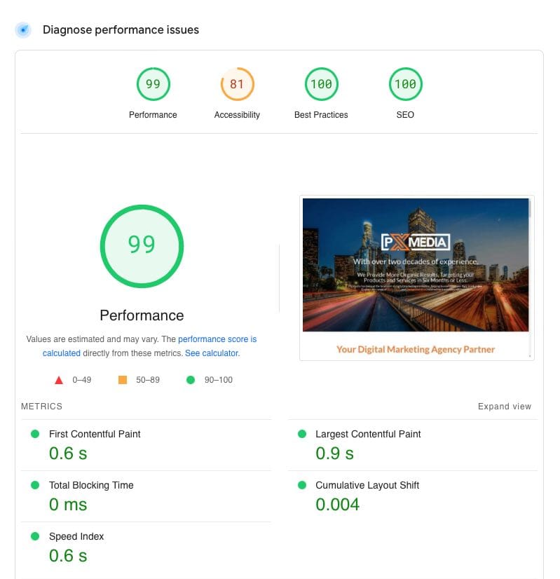 pagespeed audit score 99