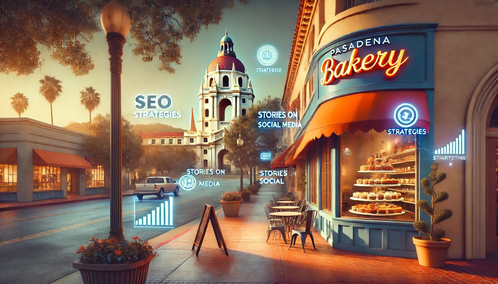 An inviting bakery shop on a charming street in Pasadena during golden hour, with neon-style floating labels displaying "SEO Strategies," "Stories on Social Media," and upward-trending graphs. The background includes palm trees, a prominent domed building, and a peaceful street scene. The image conveys a focus on digital marketing techniques for local businesses.