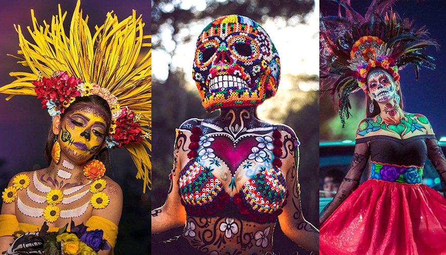 Vibrant sugar skull art featuring bold streetwear-inspired designs: three models showcase intricate face and body paint, colorful floral accents, and striking headdresses, capturing the essence of Dia de los Muertos with a modern twist